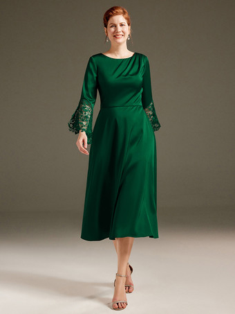 ダークグリーン花嫁の母親のためのパーティードレス ジュエルネック 長袖 Aライン レース ティーレングス ゲストドレス 結婚式用