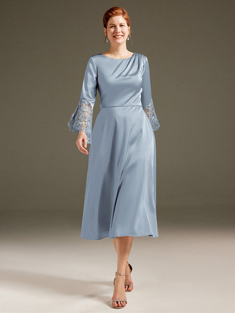 ベビーブルー花嫁の母親のためのパーティードレス ジュエルネック 長袖 Aライン レース ティーレングス ゲストドレス 結婚式用
