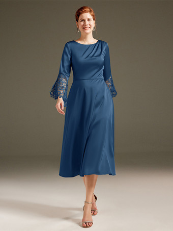 ブルー花嫁の母親のためのパーティードレス ジュエルネック 長袖 Aライン レース ティーレングス ゲストドレス 結婚式用