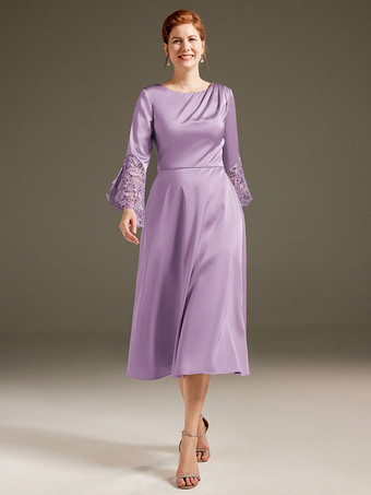ラベンダー花嫁の母親のためのパーティードレス ジュエルネック 長袖 Aライン レース ティーレングス ゲストドレス 結婚式用