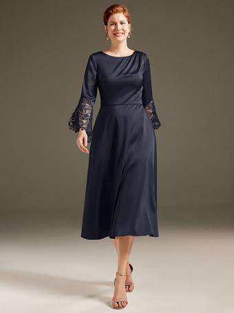 ダークネイビー花嫁の母親のためのパーティードレス ジュエルネック 長袖 Aライン レース ティーレングス ゲストドレス 結婚式用