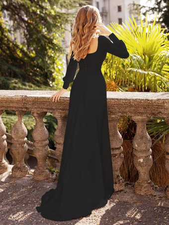 黒のウェディングドレス サテン生地 Aライン 長袖 ナチュラル ウエスト トレーン ブライダルガウン