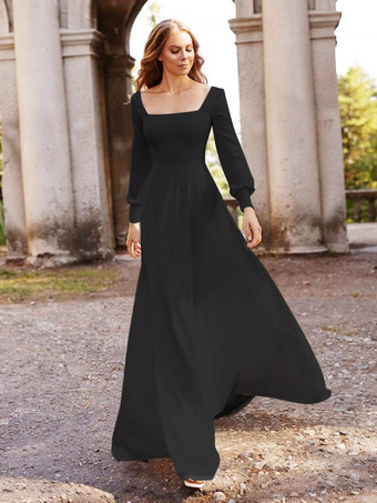 黒のウェディングドレス サテン生地 Aライン 長袖 ナチュラル ウエスト トレーン ブライダルガウン