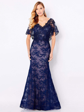 ダークネイビーブライダルマザードレス Vネック 半袖 マーメイドレース フロアレングス ウェディングゲストドレス