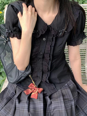 ブラック スイートロリータブラウス ロリータトップ フリル 半袖ブラウス ホワイトロリータシャツ