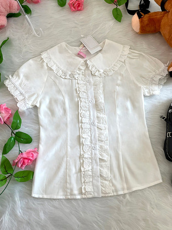 スイートロリータブラウス ロリータトップ フリル 半袖ブラウス ホワイトロリータシャツ