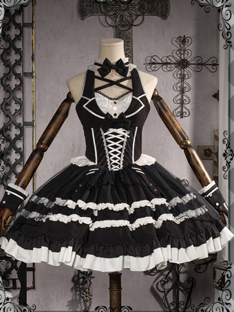 ゴシック ロリータ ドレス リボン レース ブラック ブラック