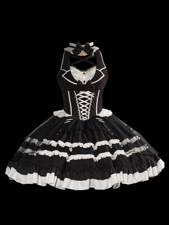 ゴシック ロリータ ドレス リボン レース ブラック ブラック