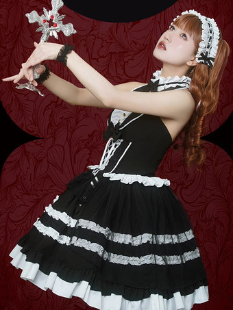 ゴシック ロリータ ドレス リボン レース ブラック ブラック