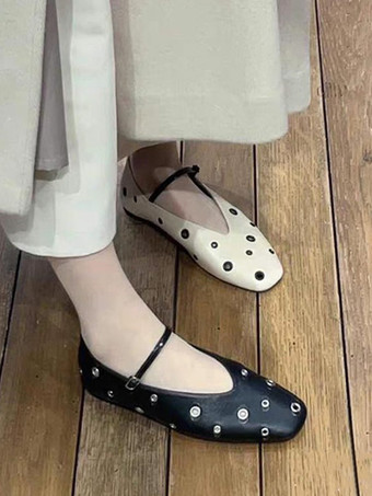 レディース バレエフラット ブラック ラウンドトゥ カットアウト バックル ストラップ フラットシューズ