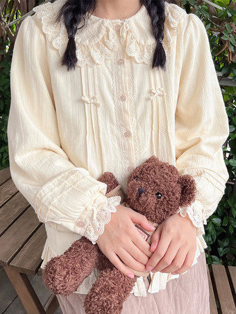 Chemisiers Lolita Mignonne Volants Dentelle Manches Longues Top Abricot Chemise