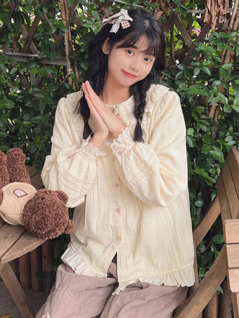 Chemisiers Lolita Mignonne Volants Dentelle Manches Longues Top Abricot Chemise