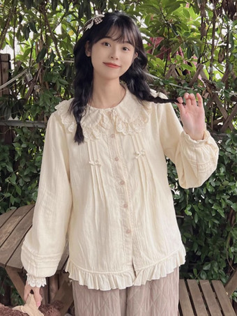 abricot Chemisiers Lolita Mignonne Volants Dentelle Manches Longues Top Abricot Chemise