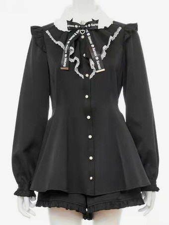 ゴシックロリータ衣装 黒 フリル 長袖 パンツ トップス 蝶結び