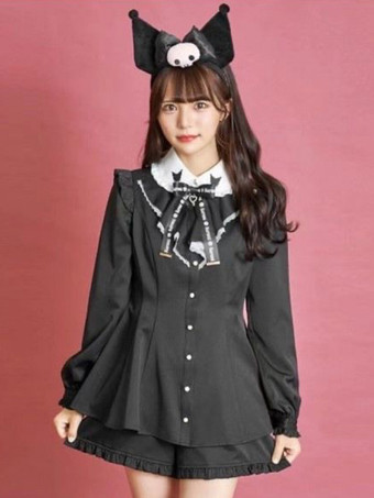 ゴシックロリータ衣装 黒 フリル 長袖 パンツ トップス 蝶結び