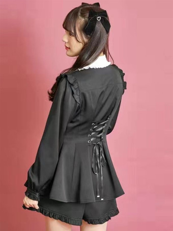 ゴシックロリータ衣装 黒 フリル 長袖 パンツ トップス 蝶結び