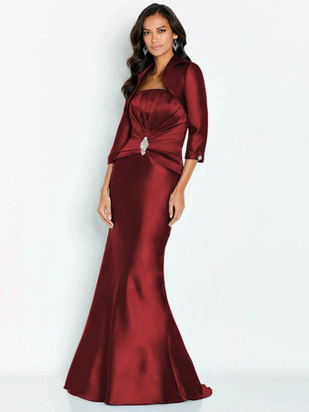 バーガンディーブライダルマザードレス ストラップレス ハーフスリーブ マーメイドアップリケ 足首丈 ゲストドレス 結婚式用