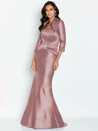 サーモンピンクブライダルマザードレス ストラップレス ハーフスリーブ マーメイドアップリケ 足首丈 ゲストドレス 結婚式用