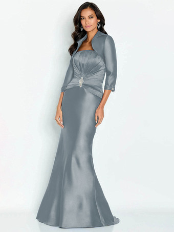 グレーブルーブライダルマザードレス ストラップレス ハーフスリーブ マーメイドアップリケ 足首丈 ゲストドレス 結婚式用