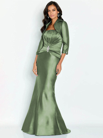 セージグリーンブライダルマザードレス ストラップレス ハーフスリーブ マーメイドアップリケ 足首丈 ゲストドレス 結婚式用