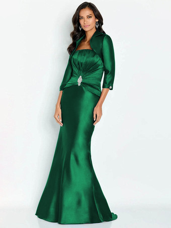 ダークグリーンブライダルマザードレス ストラップレス ハーフスリーブ マーメイドアップリケ 足首丈 ゲストドレス 結婚式用