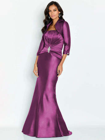 マゼンタブライダルマザードレス ストラップレス ハーフスリーブ マーメイドアップリケ 足首丈 ゲストドレス 結婚式用