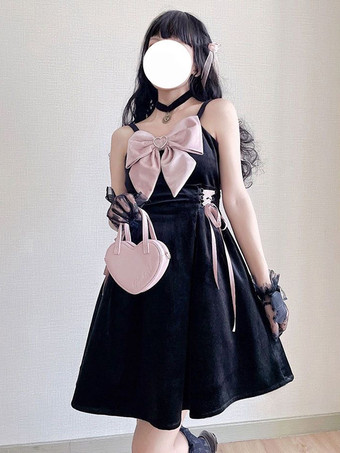 ゴシック ロリータ ドレス レースアップ リボン ブラック ピンク