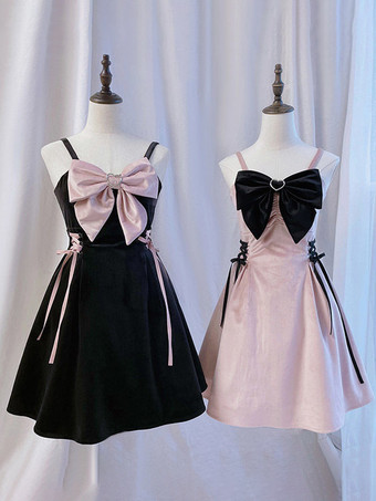 ゴシック ロリータ ドレス レースアップ リボン ブラック ピンク