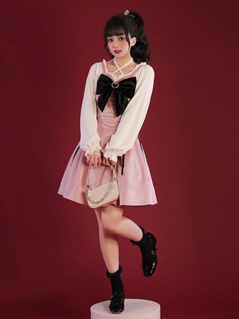 ピンクゴシック ロリータ ドレス レースアップ リボン ブラック ピンク