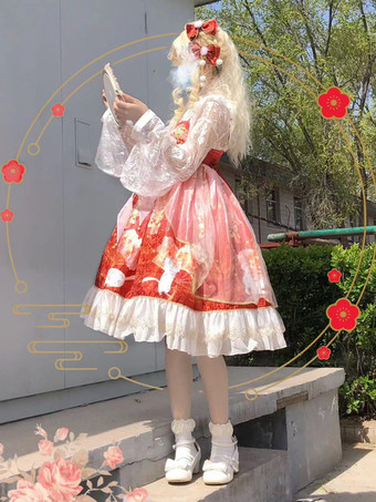 和風ロリータコスチューム ロリータドレス ポリエステル フリル 花柄 着物 ノースリーブ レッド