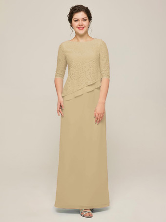 シャンパンマザードレス ジュエルネック ハーフスリーブ Aライン レース ゲストドレス 結婚式用