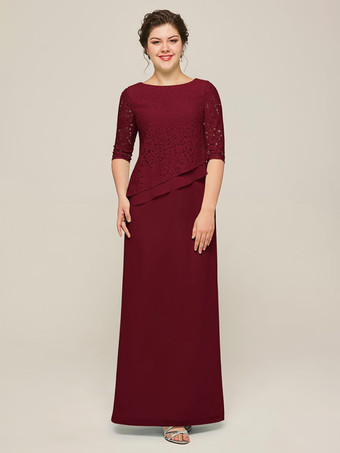 バーガンディーマザードレス ジュエルネック ハーフスリーブ Aライン レース ゲストドレス 結婚式用
