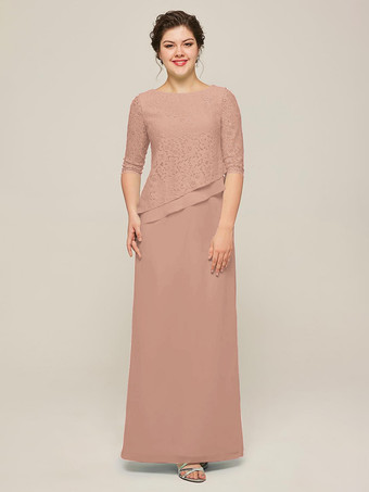 サーモンピンクマザードレス ジュエルネック ハーフスリーブ Aライン レース ゲストドレス 結婚式用
