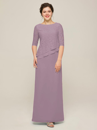 ラベンダーマザードレス ジュエルネック ハーフスリーブ Aライン レース ゲストドレス 結婚式用