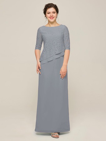 グレーブルーマザードレス ジュエルネック ハーフスリーブ Aライン レース ゲストドレス 結婚式用