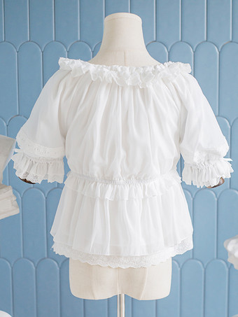 スイートロリータブラウス ロリータトップ ホワイト 長袖 フリル ロリータシャツ