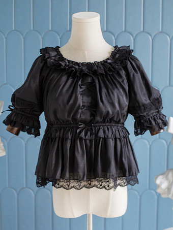 ブラック スイートロリータブラウス ロリータトップ ホワイト 長袖 フリル ロリータシャツ