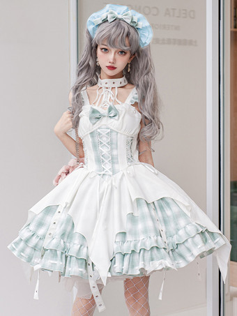 ホワイト   ゴシック ロリータ ドレス グロメット レースアップ チェック柄 ブラック レッド