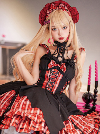 レッド   ゴシック ロリータ ドレス グロメット レースアップ チェック柄 ブラック レッド