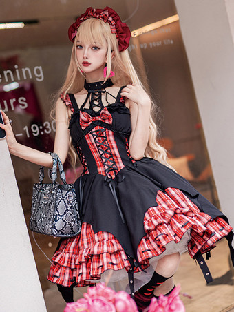   ゴシック ロリータ ドレス グロメット レースアップ チェック柄 ブラック レッド