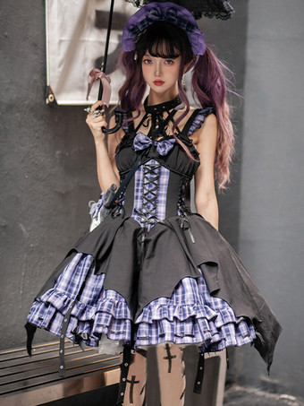 ブラック   ゴシック ロリータ ドレス グロメット レースアップ チェック柄 ブラック レッド