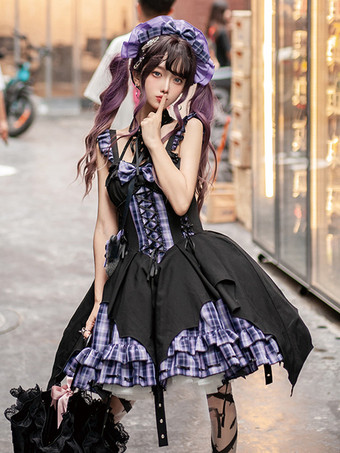   ゴシック ロリータ ドレス グロメット レースアップ チェック柄 ブラック レッド