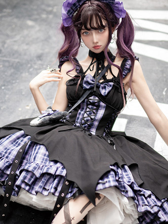   ゴシック ロリータ ドレス グロメット レースアップ チェック柄 ブラック レッド