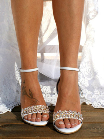 White Wedding Shoes Open Toe Rhinestones Block Heel Ankle Strap Bridal Shoes