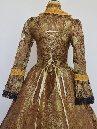 コーヒーブラウン レトロコスチューム 女の子用 タトゥープリント レースアップ サテン生地 マリーアントワネット コスチュームセット チョーカードレス ゴシック 18世紀コスチューム