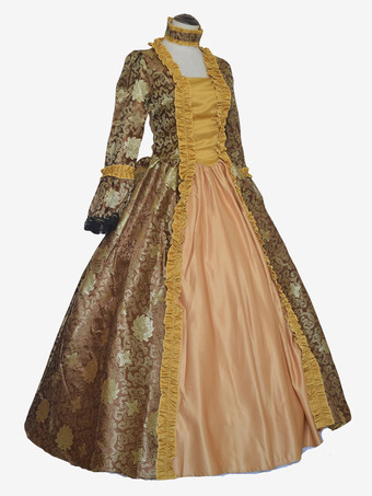 コーヒーブラウン レトロコスチューム 女の子用 タトゥープリント レースアップ サテン生地 マリーアントワネット コスチュームセット チョーカードレス ゴシック 18世紀コスチューム