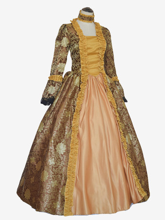 ブラウン コーヒーブラウン レトロコスチューム 女の子用 タトゥープリント レースアップ サテン生地 マリーアントワネット コスチュームセット チョーカードレス ゴシック 18世紀コスチューム