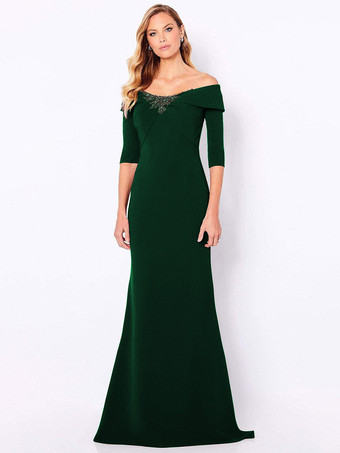 Verde ScuroAbito da mamma con applicazioni a sirena senza maniche con spalle scoperte e abiti da cerimonia nuziale con strascico