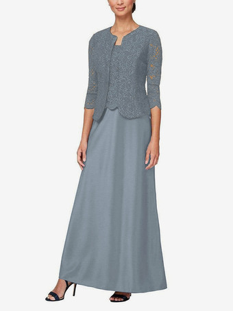 グレーブルーブライダルマザードレス ジュエルネック 3/4丈スリーブ マーメイドレース ゲストドレス 結婚式用