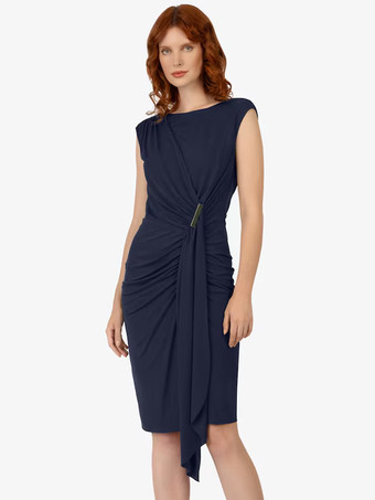 ダークネイビーマザードレス Vネック ノースリーブ ショート プリーツ ウェディングゲストドレス